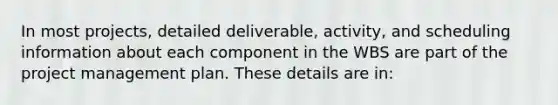 In most projects, detailed deliverable, activity, and scheduling information about each component in the WBS are part of the project management plan. These details are in: