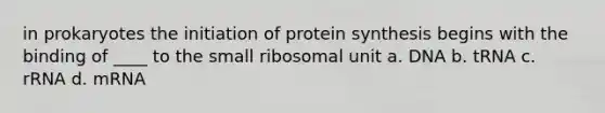 in prokaryotes the initiation of protein synthesis begins with the binding of ____ to the small ribosomal unit a. DNA b. tRNA c. rRNA d. mRNA