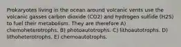 Prokaryotes living in the ocean around volcanic vents use the volcanic gasses carbon dioxide (CO2) and hydrogen sulfide (H2S) to fuel their metabolism. They are therefore A) chemoheterotrophs. B) photoautotrophs. C) lithoautotrophs. D) lithoheterotrophs. E) chemoautotrophs.