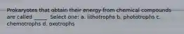 Prokaryotes that obtain their energy from chemical compounds are called _____. Select one: a. lithotrophs b. phototrophs c. chemotrophs d. oxotrophs