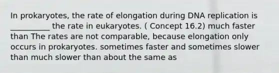 In prokaryotes, the rate of elongation during DNA replication is __________ the rate in eukaryotes. ( Concept 16.2) much faster than The rates are not comparable, because elongation only occurs in prokaryotes. sometimes faster and sometimes slower than much slower than about the same as