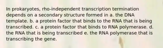 In prokaryotes, rho-independent transcription termination depends on a secondary structure formed in a. the DNA template. b. a protein factor that binds to the RNA that is being transcribed. c. a protein factor that binds to RNA polymerase. d. the RNA that is being transcribed e. the RNA polymerase that is transcribing the gene.