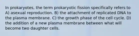 In prokaryotes, the term prokaryotic fission specifically refers to A) asexual reproduction. B) the attachment of replicated DNA to the plasma membrane. C) the growth phase of the <a href='https://www.questionai.com/knowledge/keQNMM7c75-cell-cycle' class='anchor-knowledge'>cell cycle</a>. D) the addition of a new plasma membrane between what will become two daughter cells.