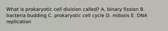 What is prokaryotic cell division called? A. binary fission B. bacteria budding C. prokaryotic cell cycle D. mitosis E. DNA replication