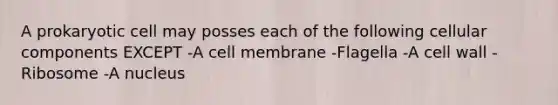 A prokaryotic cell may posses each of the following cellular components EXCEPT -A cell membrane -Flagella -A cell wall -Ribosome -A nucleus