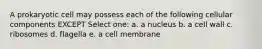 A prokaryotic cell may possess each of the following cellular components EXCEPT Select one: a. a nucleus b. a cell wall c. ribosomes d. flagella e. a cell membrane