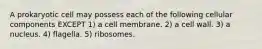 A prokaryotic cell may possess each of the following cellular components EXCEPT 1) a cell membrane. 2) a cell wall. 3) a nucleus. 4) flagella. 5) ribosomes.