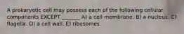 A prokaryotic cell may possess each of the following cellular components EXCEPT _______ A) a cell membrane. B) a nucleus. C) flagella. D) a cell wall. E) ribosomes.