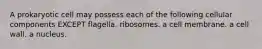 A prokaryotic cell may possess each of the following cellular components EXCEPT flagella. ribosomes. a cell membrane. a cell wall. a nucleus.