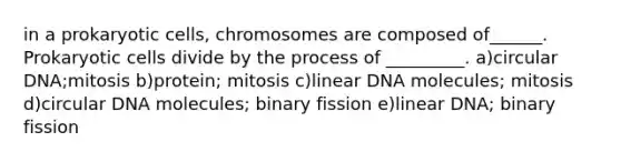 in a prokaryotic cells, chromosomes are composed of______. Prokaryotic cells divide by the process of _________. a)circular DNA;mitosis b)protein; mitosis c)linear DNA molecules; mitosis d)circular DNA molecules; binary fission e)linear DNA; binary fission