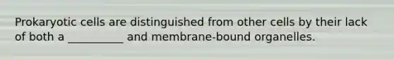 Prokaryotic cells are distinguished from other cells by their lack of both a __________ and membrane-bound organelles.