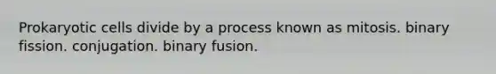 Prokaryotic cells divide by a process known as mitosis. binary fission. conjugation. binary fusion.