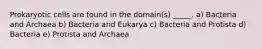 Prokaryotic cells are found in the domain(s) _____. a) Bacteria and Archaea b) Bacteria and Eukarya c) Bacteria and Protista d) Bacteria e) Protista and Archaea