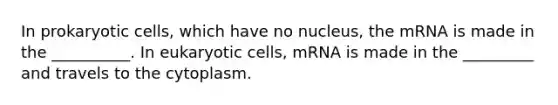 In prokaryotic cells, which have no nucleus, the mRNA is made in the __________. In eukaryotic cells, mRNA is made in the _________ and travels to the cytoplasm.