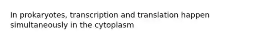 In prokaryotes, <a href='https://www.questionai.com/knowledge/kWsjwWywkN-transcription-and-translation' class='anchor-knowledge'>transcription and translation</a> happen simultaneously in the cytoplasm