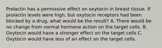 Prolactin has a permissive effect on oxytocin in breast tissue. If prolactin levels were high, but oxytocin receptors had been blocked by a drug, what would be the result? A. There would be no change from normal hormone action on the target cells. B. Oxytocin would have a stronger effect on the target cells C. Oxytocin would have less of an effect on the target cells.