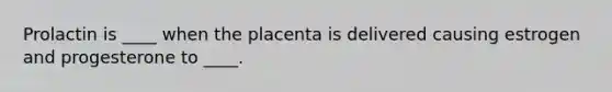 Prolactin is ____ when the placenta is delivered causing estrogen and progesterone to ____.