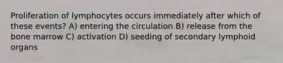 Proliferation of lymphocytes occurs immediately after which of these events? A) entering the circulation B) release from the bone marrow C) activation D) seeding of secondary lymphoid organs