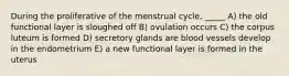 During the proliferative of the menstrual cycle, _____ A) the old functional layer is sloughed off B) ovulation occurs C) the corpus luteum is formed D) secretory glands are blood vessels develop in the endometrium E) a new functional layer is formed in the uterus