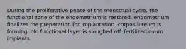 During the proliferative phase of the menstrual cycle, the functional zone of the endometrium is restored. endometrium finalizes the preparation for implantation. corpus luteum is forming. old functional layer is sloughed off. fertilized ovum implants.