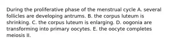 During the proliferative phase of the menstrual cycle A. several follicles are developing antrums. B. the corpus luteum is shrinking. C. the corpus luteum is enlarging. D. oogonia are transforming into primary oocytes. E. the oocyte completes meiosis II.