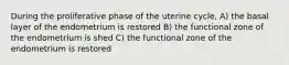 During the proliferative phase of the uterine cycle, A) the basal layer of the endometrium is restored B) the functional zone of the endometrium is shed C) the functional zone of the endometrium is restored