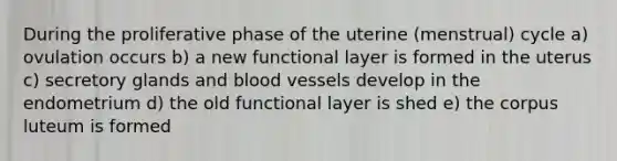 During the proliferative phase of the uterine (menstrual) cycle a) ovulation occurs b) a new functional layer is formed in the uterus c) secretory glands and blood vessels develop in the endometrium d) the old functional layer is shed e) the corpus luteum is formed