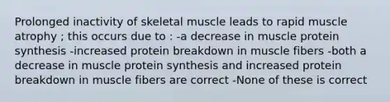 Prolonged inactivity of skeletal muscle leads to rapid muscle atrophy ; this occurs due to : -a decrease in muscle <a href='https://www.questionai.com/knowledge/kVyphSdCnD-protein-synthesis' class='anchor-knowledge'>protein synthesis</a> -increased protein breakdown in muscle fibers -both a decrease in muscle protein synthesis and increased protein breakdown in muscle fibers are correct -None of these is correct