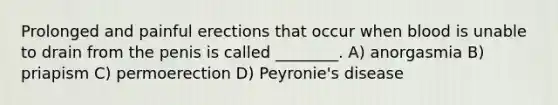 Prolonged and painful erections that occur when blood is unable to drain from the penis is called ________. A) anorgasmia B) priapism C) permoerection D) Peyronie's disease