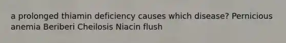 a prolonged thiamin deficiency causes which disease? Pernicious anemia Beriberi Cheilosis Niacin flush