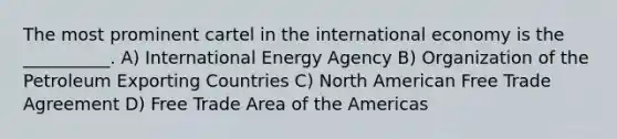 The most prominent cartel in the international economy is the __________. A) International Energy Agency B) Organization of the Petroleum Exporting Countries C) North American Free Trade Agreement D) Free Trade Area of the Americas