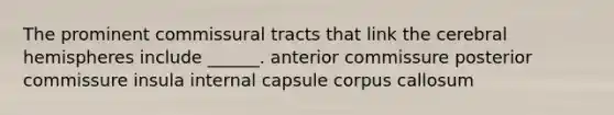 The prominent commissural tracts that link the cerebral hemispheres include ______. anterior commissure posterior commissure insula internal capsule corpus callosum