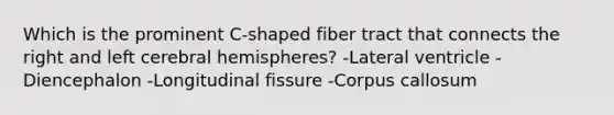 Which is the prominent C-shaped fiber tract that connects the right and left cerebral hemispheres? -Lateral ventricle -Diencephalon -Longitudinal fissure -Corpus callosum