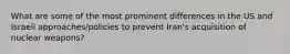 What are some of the most prominent differences in the US and Israeli approaches/policies to prevent Iran's acquisition of nuclear weapons?