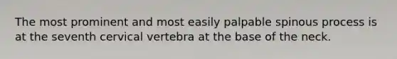 The most prominent and most easily palpable spinous process is at the seventh cervical vertebra at the base of the neck.