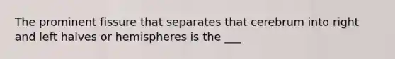 The prominent fissure that separates that cerebrum into right and left halves or hemispheres is the ___