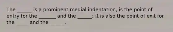 The ______ is a prominent medial indentation, is the point of entry for the _______ and the ______; it is also the point of exit for the _____ and the ______.