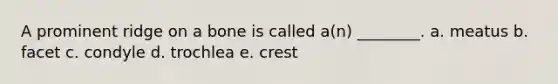 A prominent ridge on a bone is called a(n) ________. a. meatus b. facet c. condyle d. trochlea e. crest