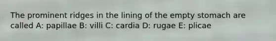 The prominent ridges in the lining of the empty stomach are called A: papillae B: villi C: cardia D: rugae E: plicae