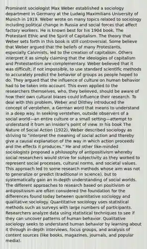 Prominent sociologist Max Weber established a sociology department in Germany at the Ludwig Maximilians University of Munich in 1919. Weber wrote on many topics related to sociology including political change in Russia and social forces that affect factory workers. He is known best for his 1904 book, The Protestant Ethic and the Spirit of Capitalism. The theory that Weber sets forth in this book is still controversial. Some believe that Weber argued that the beliefs of many Protestants, especially Calvinists, led to the creation of capitalism. Others interpret it as simply claiming that the ideologies of capitalism and Protestantism are complementary. Weber believed that it was difficult, if not impossible, to use standard scientific methods to accurately predict the behavior of groups as people hoped to do. They argued that the influence of culture on human behavior had to be taken into account. This even applied to the researchers themselves, who, they believed, should be aware of how their own cultural biases could influence their research. To deal with this problem, Weber and Dilthey introduced the concept of verstehen, a German word that means to understand in a deep way. In seeking verstehen, outside observers of a social world—an entire culture or a small setting—attempt to understand it from an insider's point of view. In his book The Nature of Social Action (1922), Weber described sociology as striving to "interpret the meaning of social action and thereby give a causal explanation of the way in which action proceeds and the effects it produces." He and other like-minded sociologists proposed a philosophy of antipositivism whereby social researchers would strive for subjectivity as they worked to represent social processes, cultural norms, and societal values. This approach led to some research methods whose aim was not to generalize or predict (traditional in science), but to systematically gain an in-depth understanding of social worlds. The different approaches to research based on positivism or antipositivism are often considered the foundation for the differences found today between quantitative sociology and qualitative sociology. Quantitative sociology uses statistical methods such as surveys with large numbers of participants. Researchers analyze data using statistical techniques to see if they can uncover patterns of human behavior. Qualitative sociology seeks to understand human behavior by learning about it through in-depth interviews, focus groups, and analysis of content sources (like books, magazines, journals, and popular media).