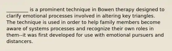 _________ is a prominent technique in Bowen therapy designed to clarify emotional processes involved in altering key triangles. The technique is used in order to help family members become aware of systems processes and recognize their own roles in them--it was first developed for use with emotional pursuers and distancers.