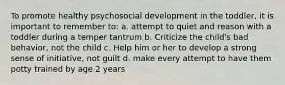 To promote healthy psychosocial development in the toddler, it is important to remember to: a. attempt to quiet and reason with a toddler during a temper tantrum b. Criticize the child's bad behavior, not the child c. Help him or her to develop a strong sense of initiative, not guilt d. make every attempt to have them potty trained by age 2 years