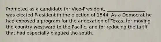 Promoted as a candidate for Vice-President, _________________ was elected President in the election of 1844. As a Democrat he had exposed a program for the annexation of Texas, for moving the country westward to the Pacific, and for reducing the tariff that had especially plagued the south.