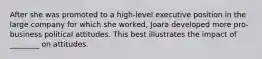 After she was promoted to a high-level executive position in the large company for which she worked, Joara developed more pro-business political attitudes. This best illustrates the impact of ________ on attitudes.