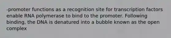 -promoter functions as a recognition site for transcription factors enable RNA polymerase to bind to the promoter. Following binding, the DNA is denatured into a bubble known as the open complex