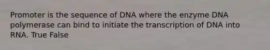 Promoter is the sequence of DNA where the enzyme DNA polymerase can bind to initiate the transcription of DNA into RNA. True False