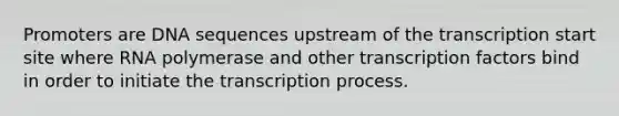 Promoters are DNA sequences upstream of the transcription start site where RNA polymerase and other transcription factors bind in order to initiate the transcription process.