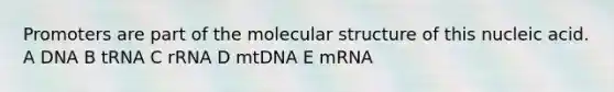 Promoters are part of the molecular structure of this nucleic acid. A DNA B tRNA C rRNA D mtDNA E mRNA