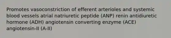 Promotes vasoconstriction of efferent arterioles and systemic <a href='https://www.questionai.com/knowledge/kZJ3mNKN7P-blood-vessels' class='anchor-knowledge'>blood vessels</a> atrial natriuretic peptide (ANP) renin antidiuretic hormone (ADH) angiotensin converting enzyme (ACE) angiotensin-II (A-II)