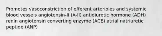 Promotes vasoconstriction of efferent arterioles and systemic <a href='https://www.questionai.com/knowledge/kZJ3mNKN7P-blood-vessels' class='anchor-knowledge'>blood vessels</a> angiotensin-II (A-II) antidiuretic hormone (ADH) renin angiotensin converting enzyme (ACE) atrial natriuretic peptide (ANP)